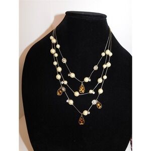 New Betsey Johnson Pearl Jewel Rose Charm‎ Multi Strand Necklace 18.5 inch